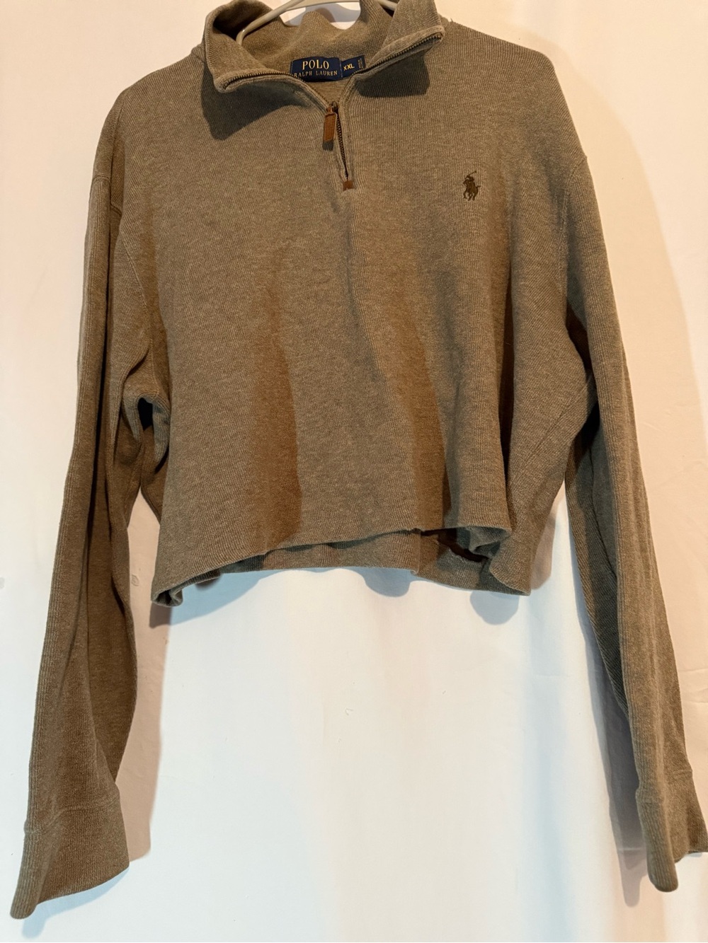 Polo Ralph Lauren XXL Cropped Quarter Zip Sweater Brown Pony Logo Raw Hem